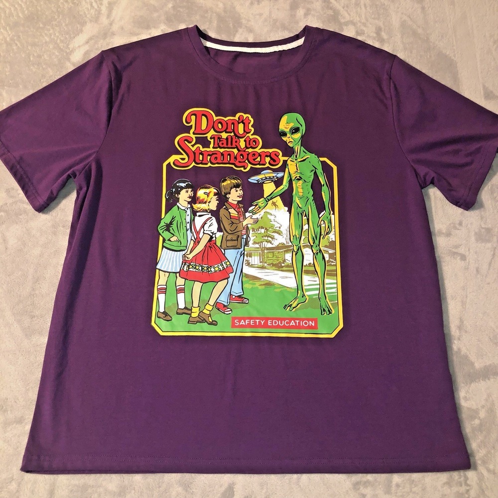 Romwe Don't Talk To Strangers Purple Unisex T-Shirt Size Large Alien Safety Ed